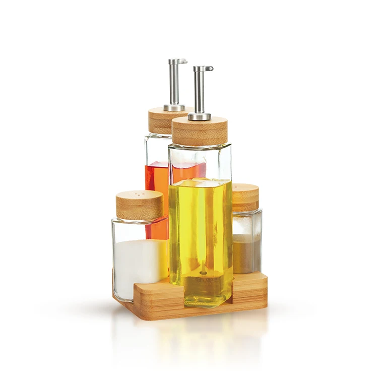 square glass oil and vinegar bottle and salt pepper spice seasoning condiment jar dispenser wooden bamboo holder rack cruet set