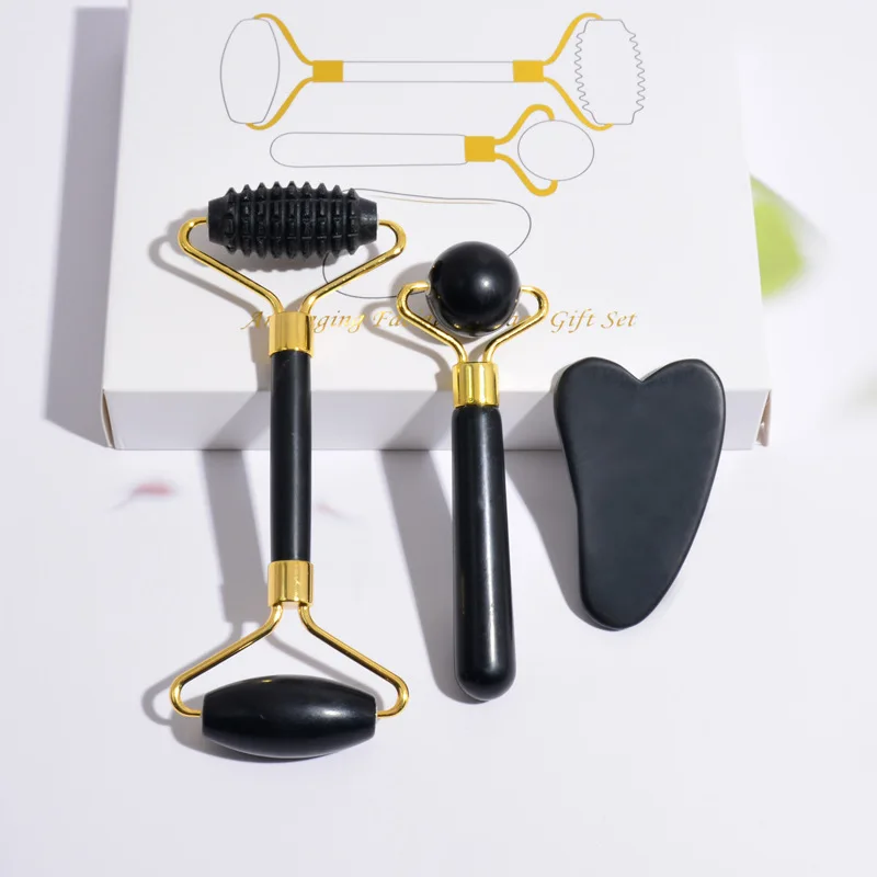wholesale OEM brand black bian stone roller gua sha massage set
