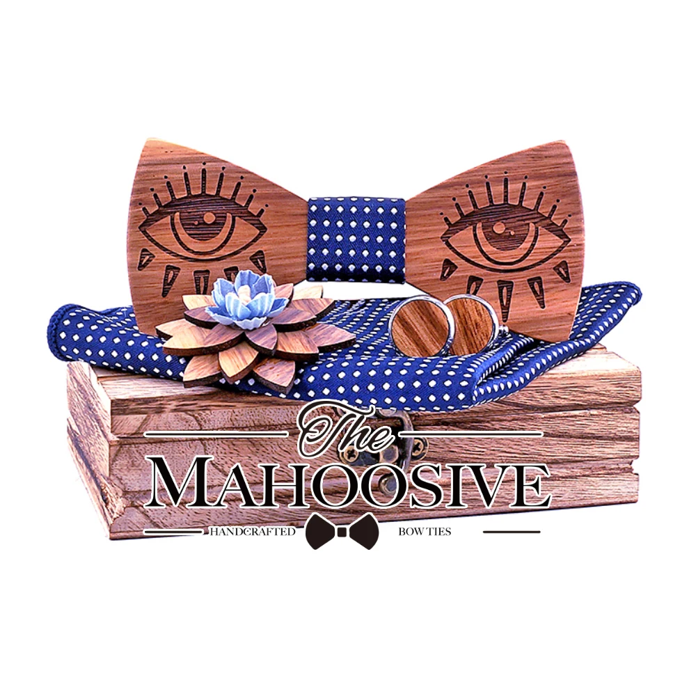 Men Pocket square Bow Tie Laser Engraved Eyes Wood Business Wedding Gift Party Tie Brooches Cufflink Handkerchief Handky Box Set