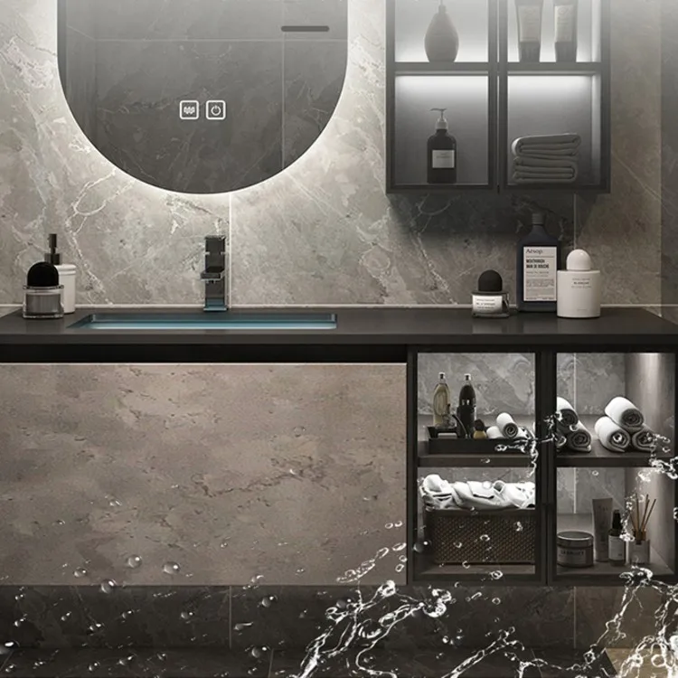 Hotel Solid Wood Bathroom vanity Cabinetry Combo Floating bath Vanity Modern Double Sink Black for washroom storage