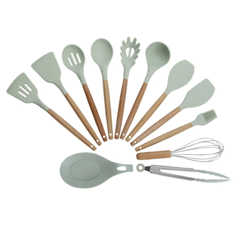 12 Pieces Silicone Kitchen Cooking Tools Wooden Handles Stand Kitchenware Spatula Silicone Kitchen Utensils Set