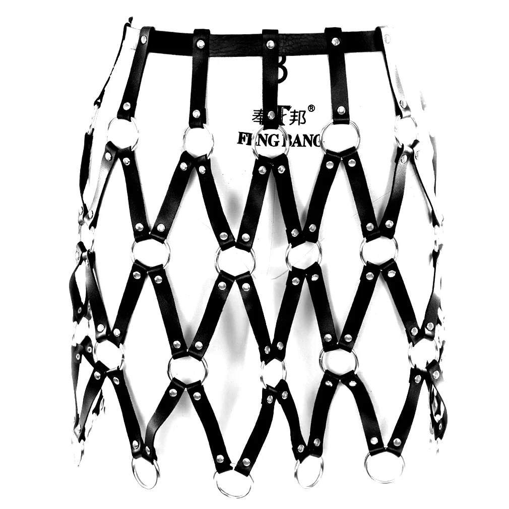 Personality Design Woman Sexy Leather Iron Circle Net Fashion Hot Harness Skirt Bar Night Club Carnival Hot Girl Wear