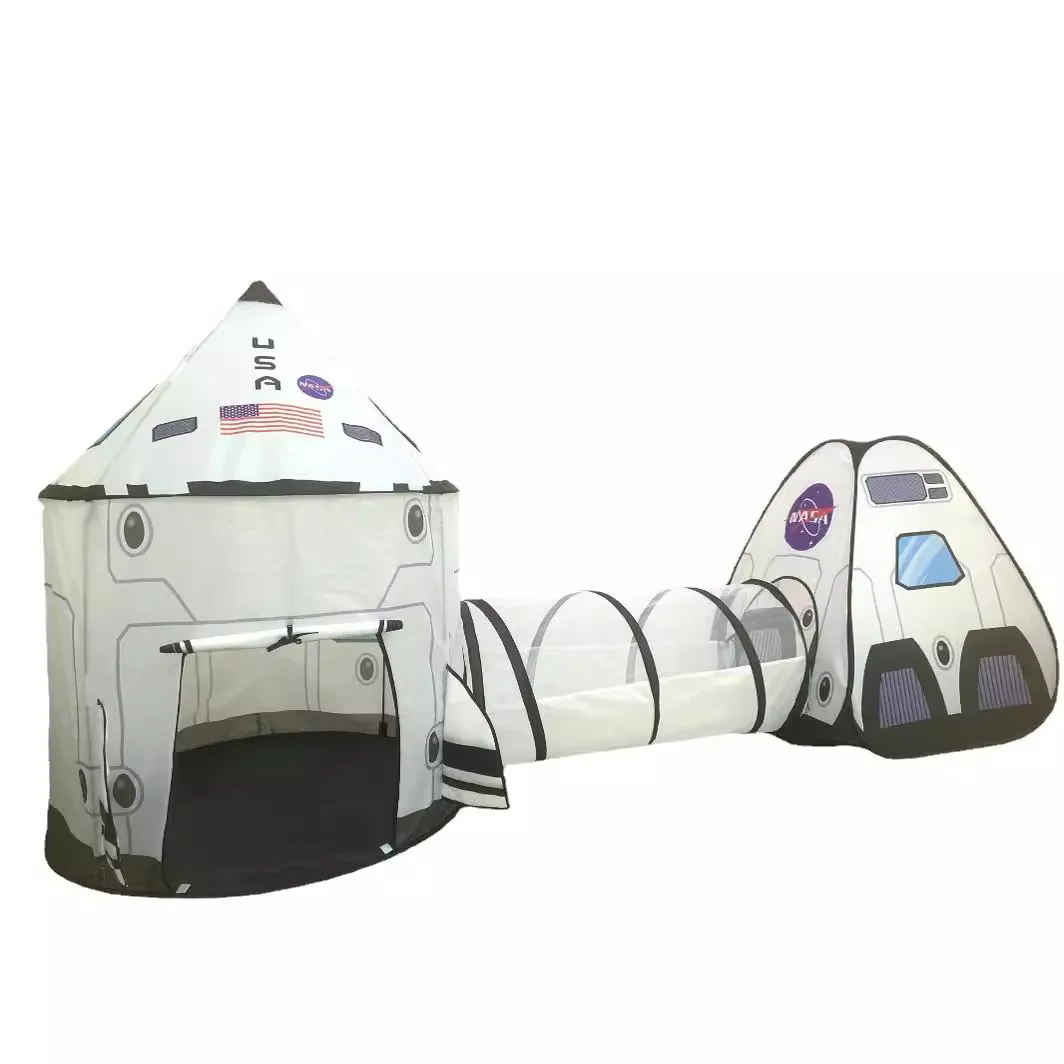 White Rocket Ship Pop up Play Tent with Tunnel and Playhouse Foldable Space Boys Baby Indoor Outdoor 3 Piece Spaceship Tent Set