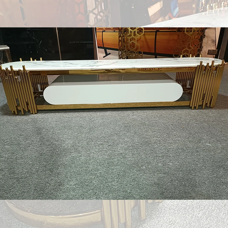 Custom royal art deco designs living room long white gold drawers marble tv cabinet modern luxury