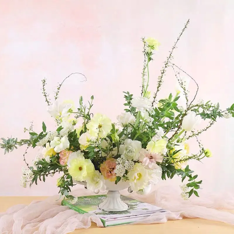 Vintage Metal Goblet Flower bowl shape vase Garden Classic retro white old vase European table flower arrangement decoration