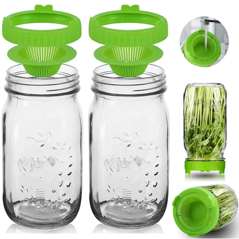 Машина для проращивания комплект 2 преформы с широким горлышком объемом 16 унций стеклянная банка с завинчивающейся крышкой и 2 прорастания банки с крышками для растущих органический здоровый свежая брокколи, гранулированная люцерна