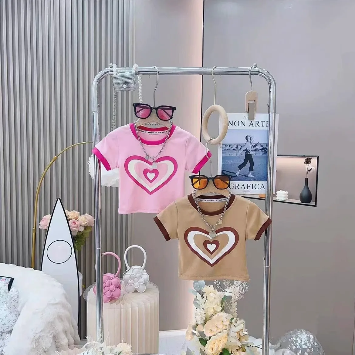 2023 Summer Girls 2 pcs Short Set Cute Teenagers Pink Heart Print Shirt + Pleated Jean Skirt 5-15 Years