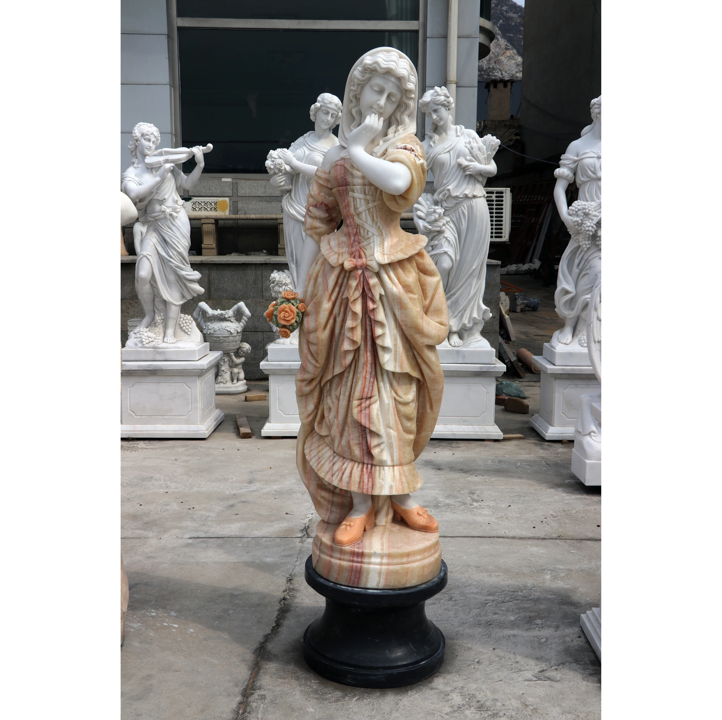 Outdoor Garden Stone Hand Carved Dancing Lady in Dress Sculpture Marble Women Statue