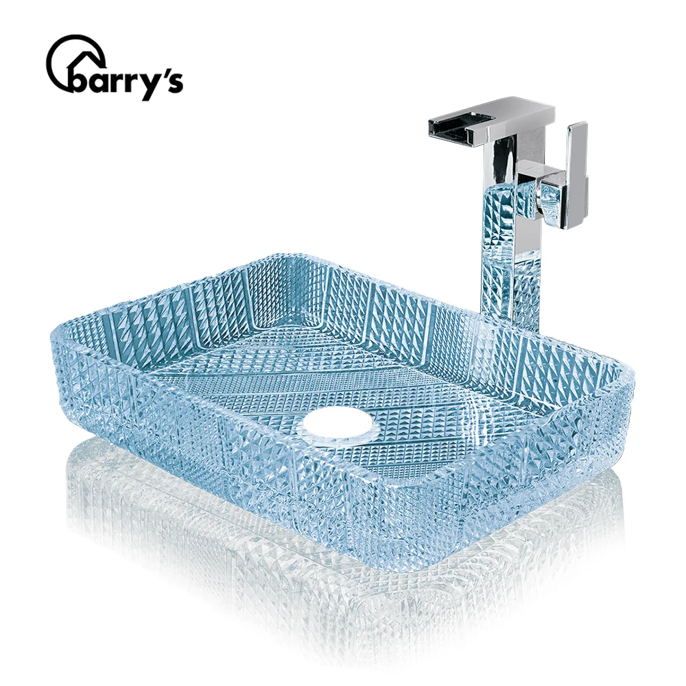 
Popular rectangle blue clear glass bathroom vanity counter top art sink basin 