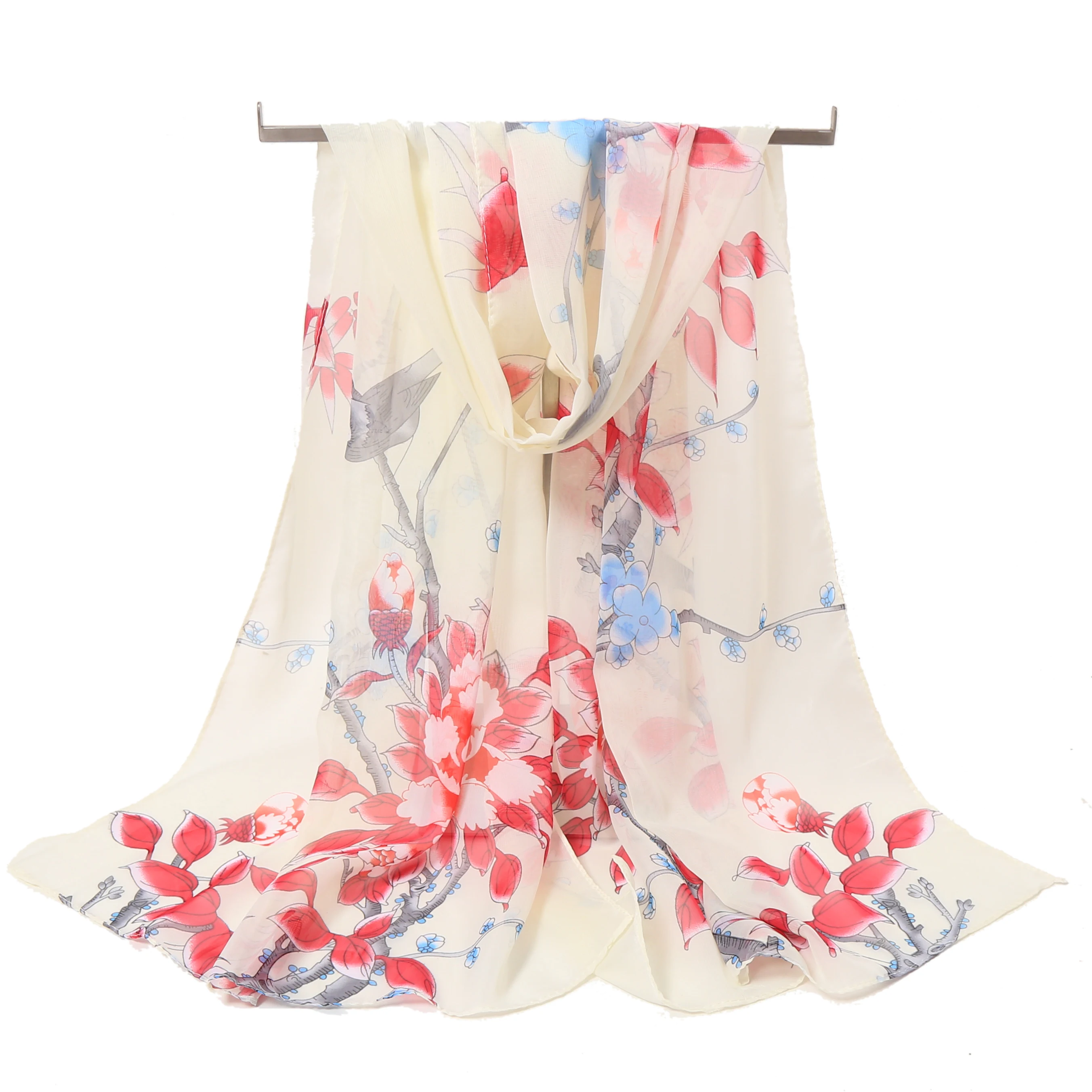 Beautiful White Printed Silk Chiffon Georgette Scarf Elegant Square Style Shawl Summer Sun Protection for Women