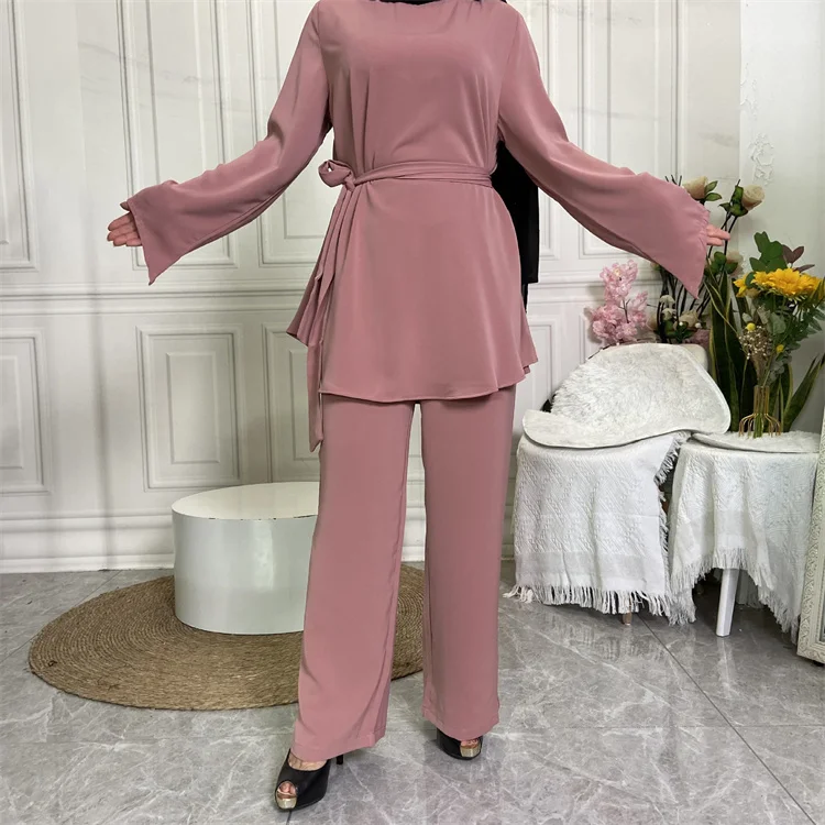 Wholesale Arabian Muslim Fashion Women Two Piece Suit Islamic Elegant Long Sleeve Clothes Prayer Muslim Sets Pants