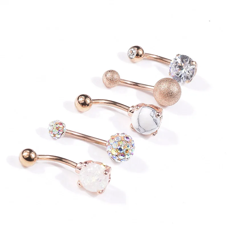 5pcs set Women Sexy Body Jewelry Rose Gold Silver Opal Turquoise Belly Button Ring Medical Steel Zircon Navel Rings Piercing