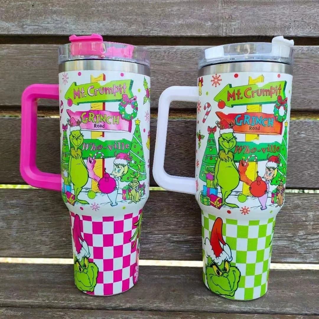Popular Christmas Stainless Steel Tumbler Green Grinch 40OZ Tumbler Customized Tumbler With Handle and Straw