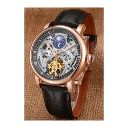 Latest cow leather strap all hollow moon phase waterproof men mechanical wristwatch