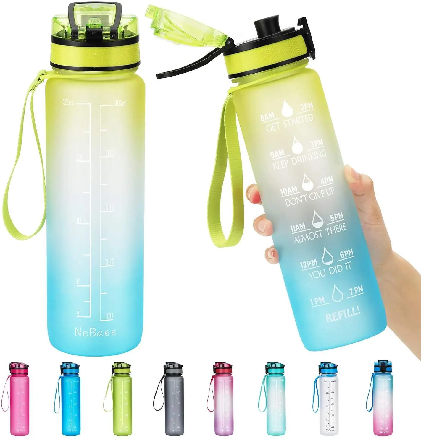 
 Wholesale Custom Tritan Matte gradient  1 Liter Plastic Bottles Best Gym Sports Water Bottles with Time Marking and Strainer  