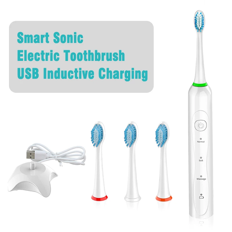 Wholesale Rechargeable Smart Ultrasonic Adult Electric Toothbrush with USB Wireless Inductive Charging Base and 4 Brush Heads
