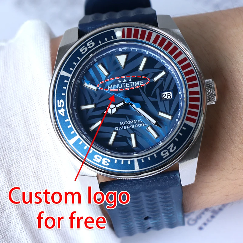 MINUTETIME Custom Logo NH35 Vintage Watch Mechanical Automatic Waterproof Watches MEN Samurai Blue Leaf Pattern Dial Wristwatch