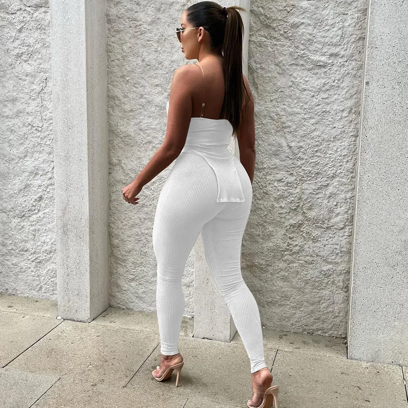 Bomblook ASST81 Knitted Strapless Solid Color Trousers Women Two Piece Pants Set Females Clothes