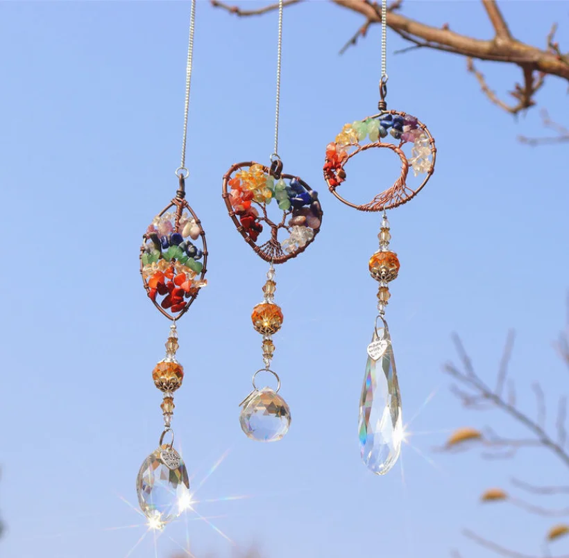 7 Chakra Healing multicolor Natural Stone chips Tree Of Life Prism Crystal Pendant wall Hanging Home house Window Decor