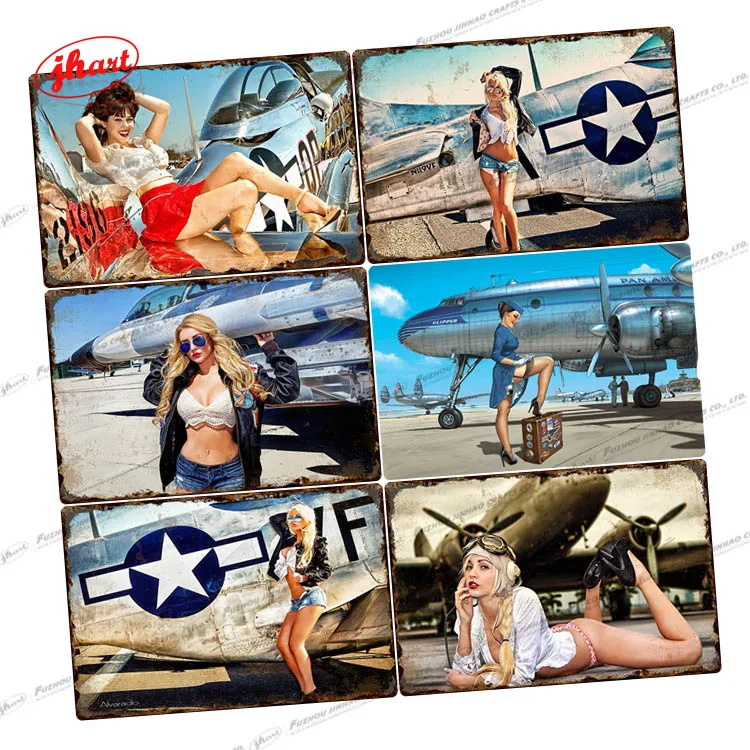 Pin Up Gril Flying Artwork Vintage Metal Sign Plane Tin Sign Bedroom Living Room Wall Decor Machinery Metal Poster Wholesales