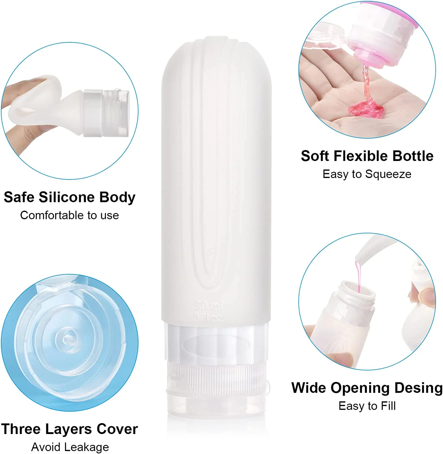 Factory Wholesale Food Grade Silicone 90ml Shampoo Toiletries Bottling Set Leak Proof Squeeze Bottle Travel Accessories