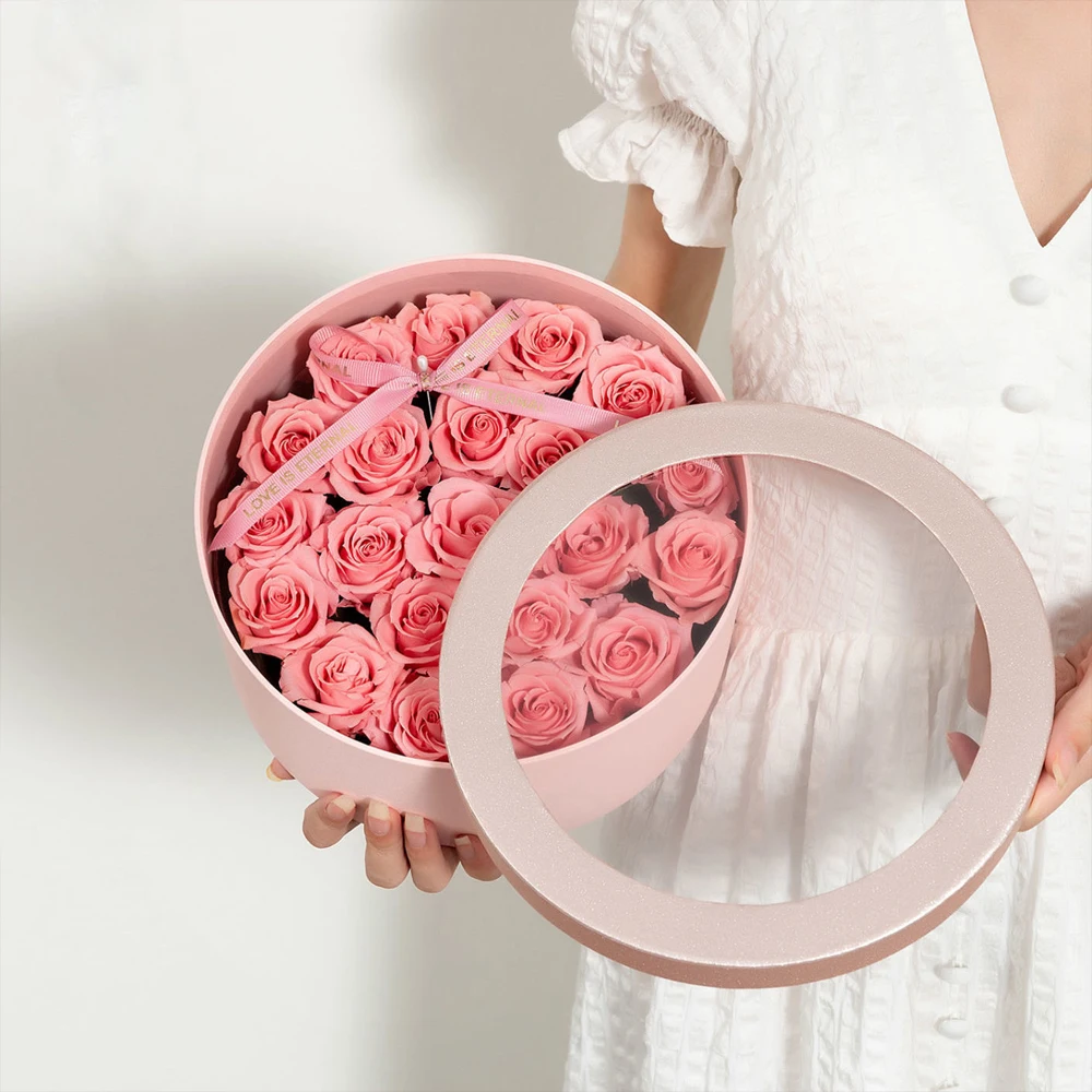 Wholesale Luxury Custom Logo Cute Cardboard Candy Hat Paper Packaging Clear Window Pink Round Floral Flower Gift Boxes With Lid