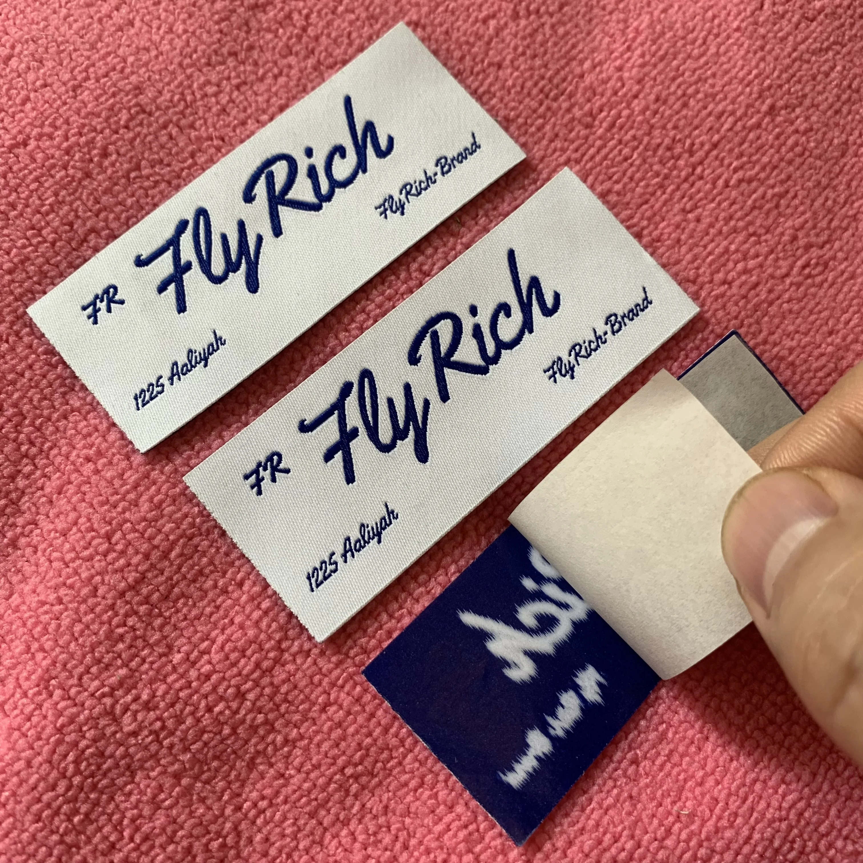 neat edge navy blue logo heat press woven label,high density iron on clothing label for belt