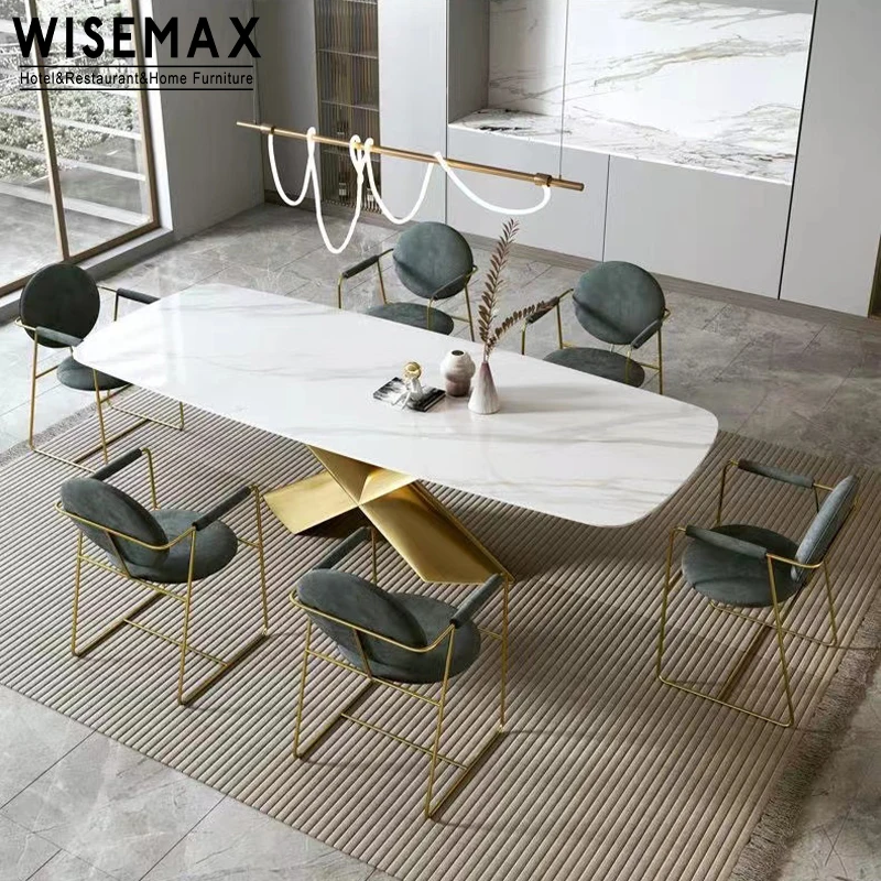 WISEMAX FURNITURE modern living room furniture light luxury slated board top with stainless steel X shape base dining table