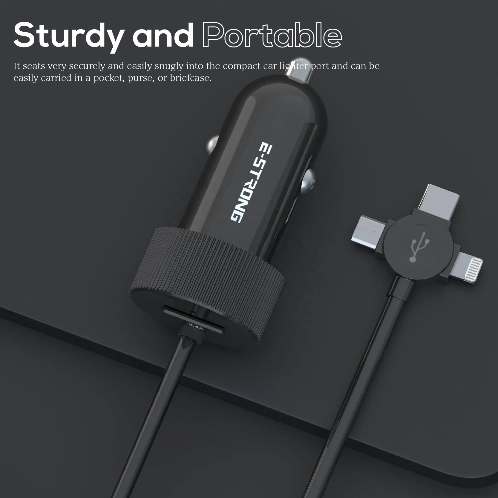 3 In 1 2.4A USB Car Charger with Cable Mobile Phone Charger 2 Port USB Fast Car Charger for iPhone Samsung