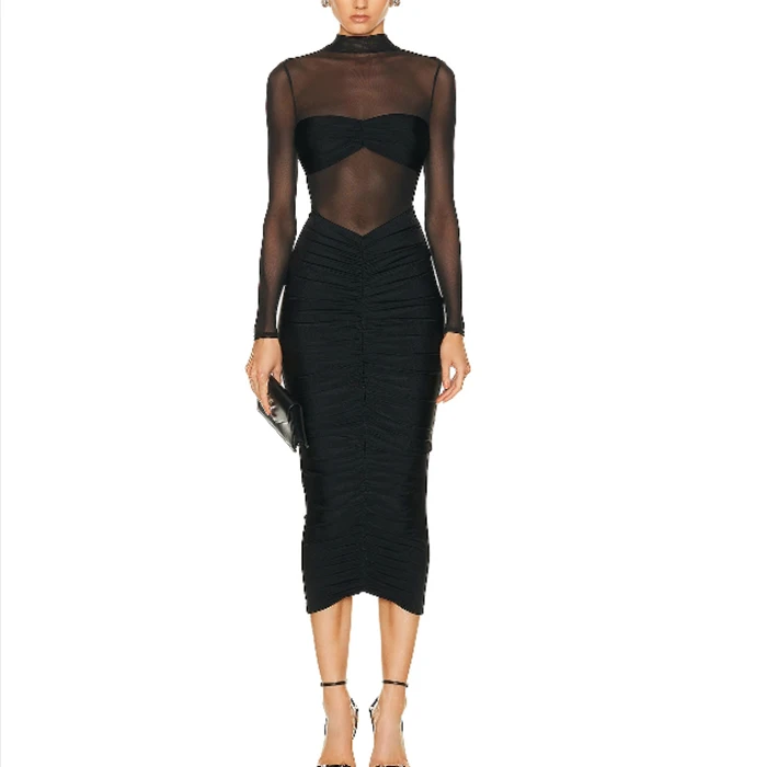 2024 High Quality Fashion Black Half Turtle Neck Sexy Mesh Sheer See Through Dress Long Sleeve Midi Bodycon Party Club dress