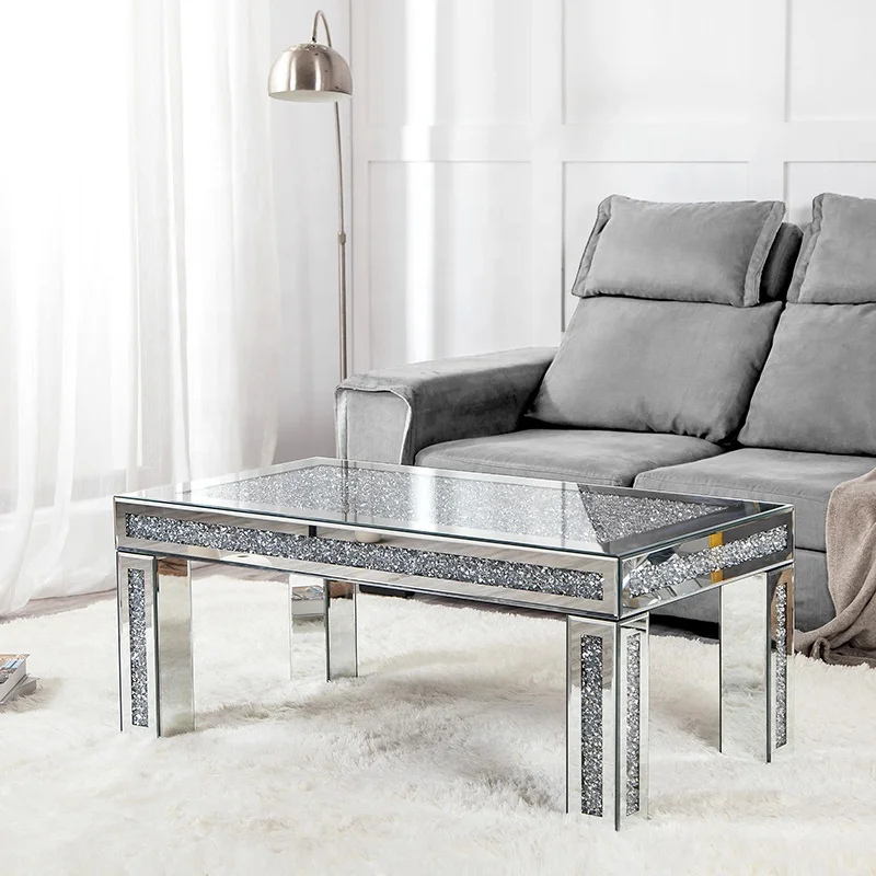 Rectangular Modern Luxury Mirrored Furniture Sliver Centre Table Crushed Diamond Mirrored Coffee Table for Living Room
