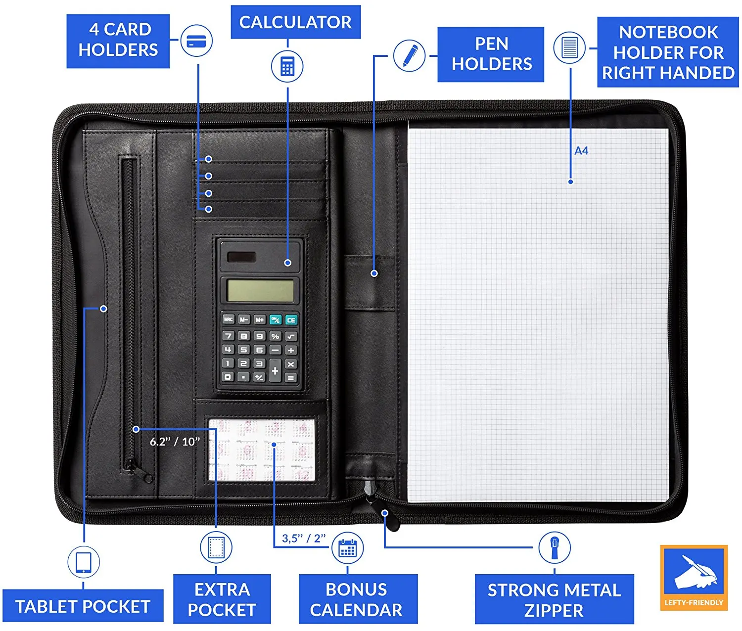 PU Leather Business Portfolio/Padfolio with Zippered Closure and Interior Tablet Sleeve