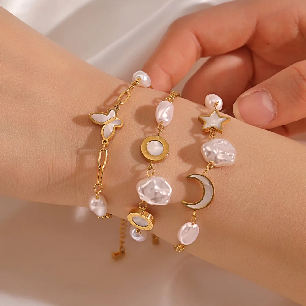 Ins Non Tarnish Gold Filled Shell Round Moon Bracelet Waterproof 316L Stainless Steel Freshwater Pearl Butterfly Chains Bracelet