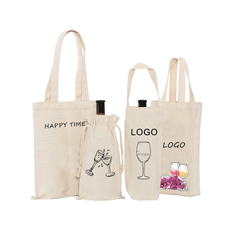 custom logo natural Large Reusable Gift Bag beach picnic party canvas fabric one 1 2 3 4 6 bottles wine Tote Bag for festival