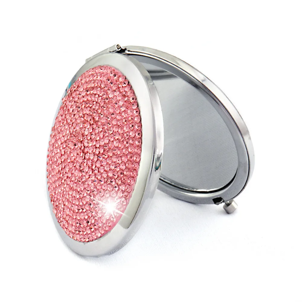 Portable Dual Sided Round Magnified Luxury Metal Vanity Mirror Colorful Diamond Decor Pocket Makeup Mirror