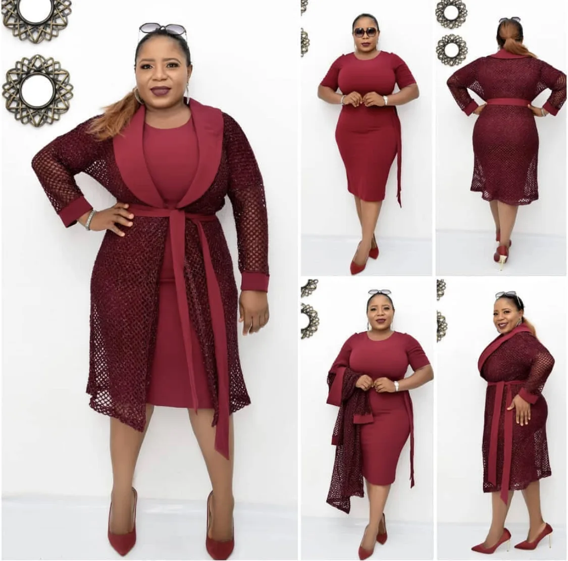 Europe, America and Africa dress two-piece mid-length mesh cardigan solid color loose large size