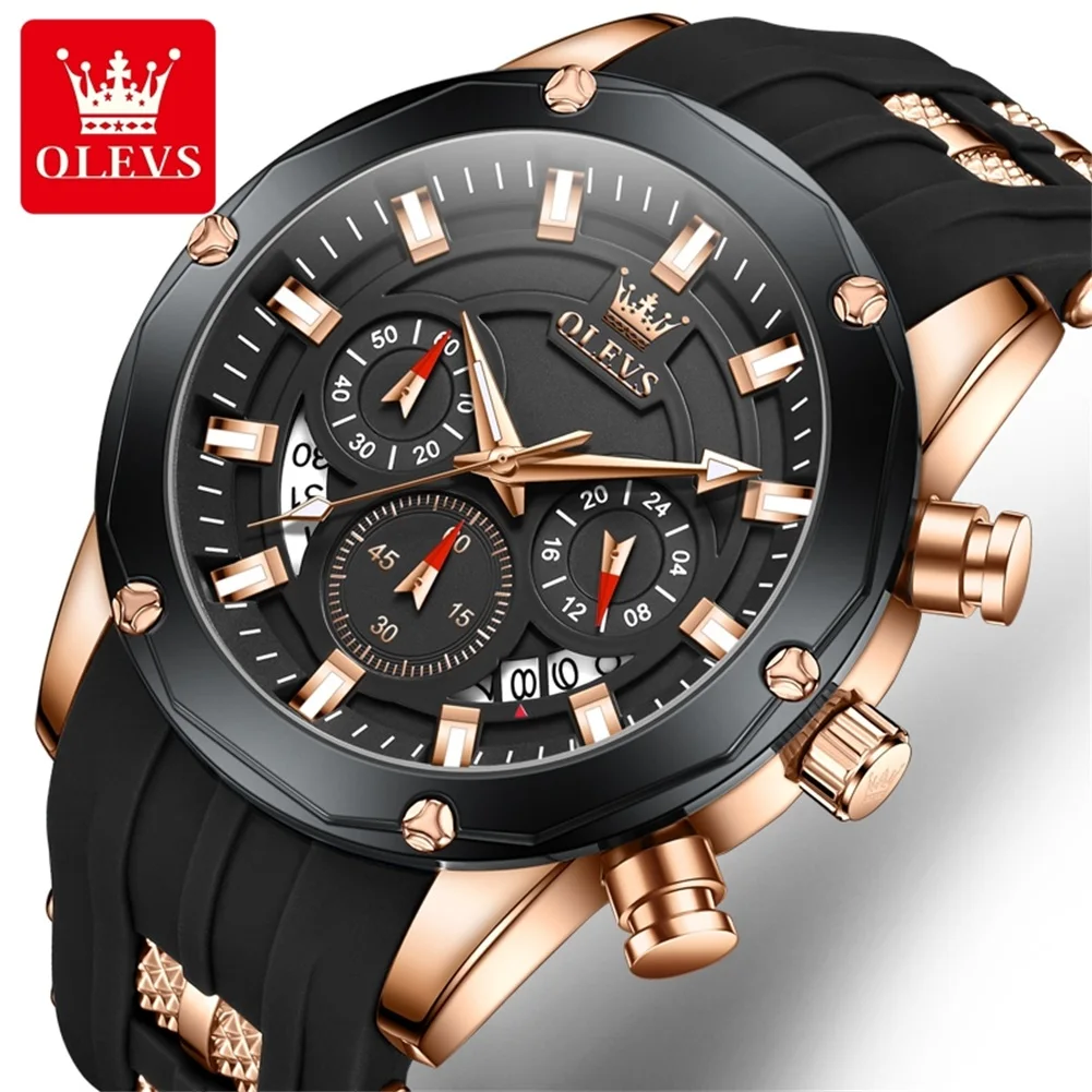 olevs 9991 Chronograph Quartz Watch For Men Fashion Casual Silicone Strap Auto Date Square Dial Sport Luminous Wristwatch