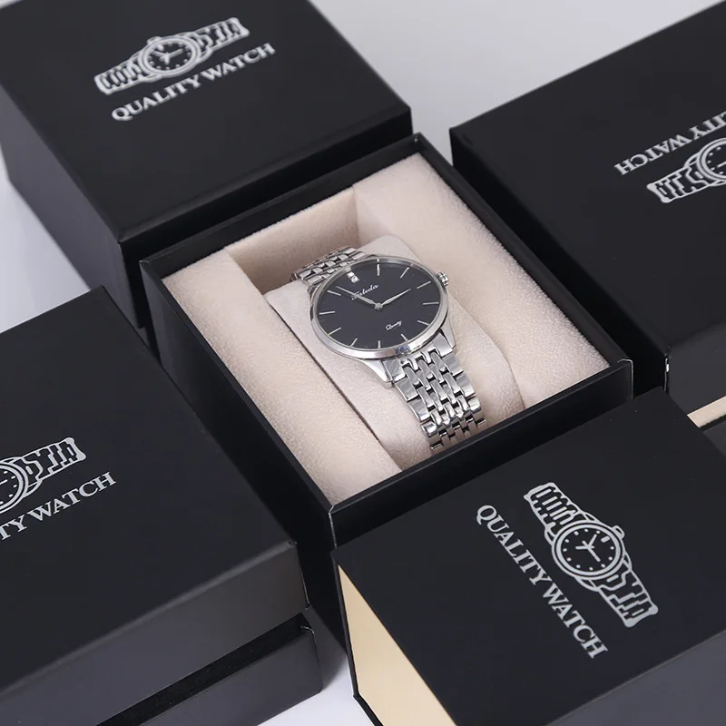 Cheaper Black  Paper Cardboard Watches Box Packaging For Men Wholesale With Velvet Pillow Customize Logo