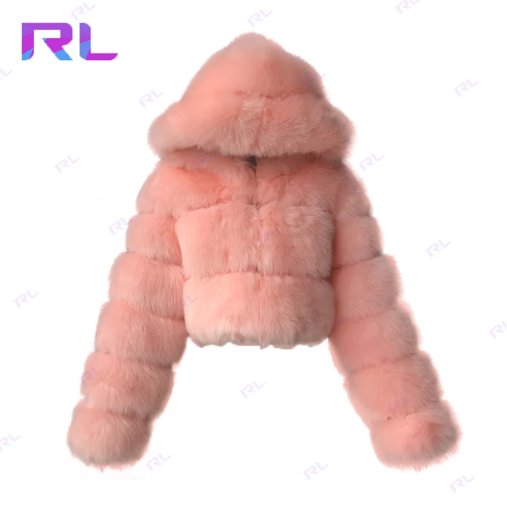 Winter Warm Solid Zipper Up Cropped Short Style Plus size Fur Hooded Jacket Women Fur Jacket for Ladies