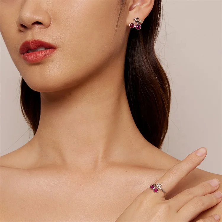 Hot sales new cherry fine crystal girls jewelry set kids luxury zircon high quality 925 silver wholesale cute ruby jewelry sets