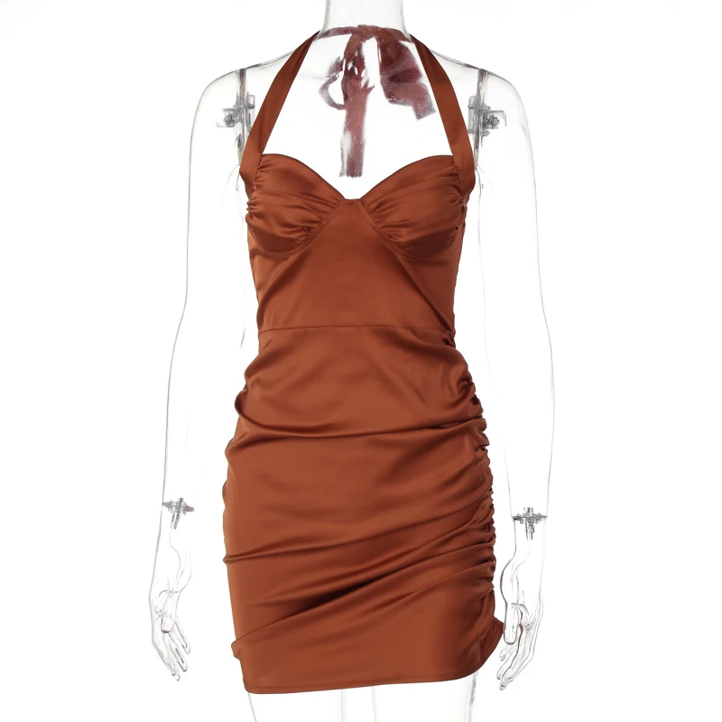 Lagerfe Satin Ruched Bodycon Halter Mini Dress Sexy Party Club Tight Apparel Women 2022 Summer Latest Casual Wholesale Clothes