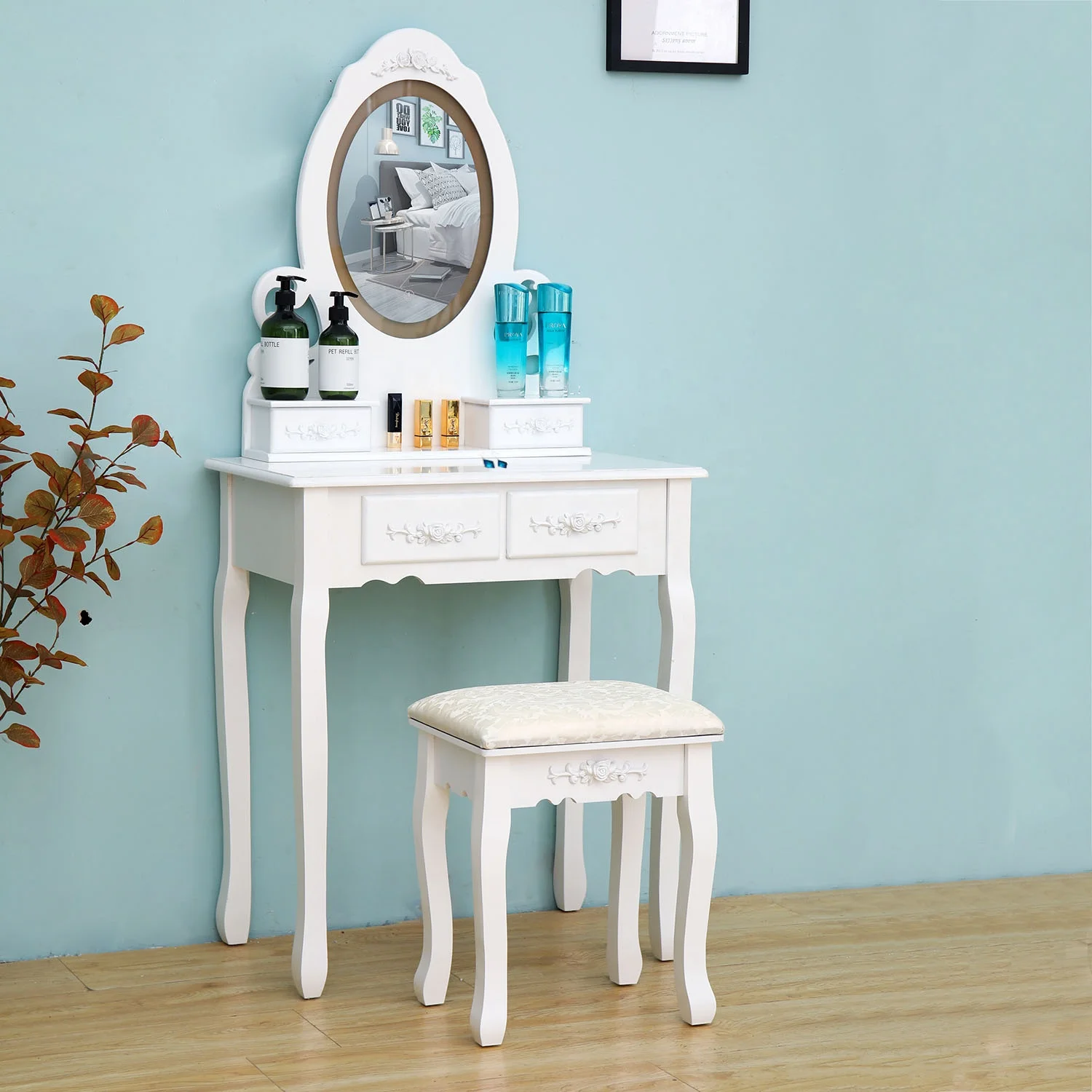 Bulit-in 3 colors temperature touch screen LED cosmetic makeup console table wooden vanity table with lighted mirrors