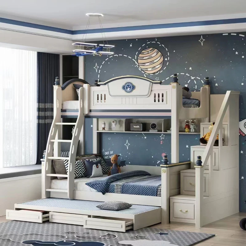 Children Bedroom Blue Boys Wood Bunk Beds Frame Twin Over Twin Size with Ladder