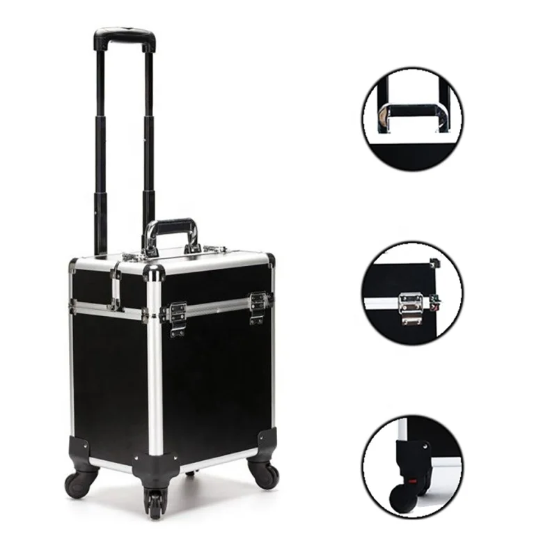 Yaeshii professional aluminum rolling torlley  cosmetic organizer makeup travel train vanity case on wheels