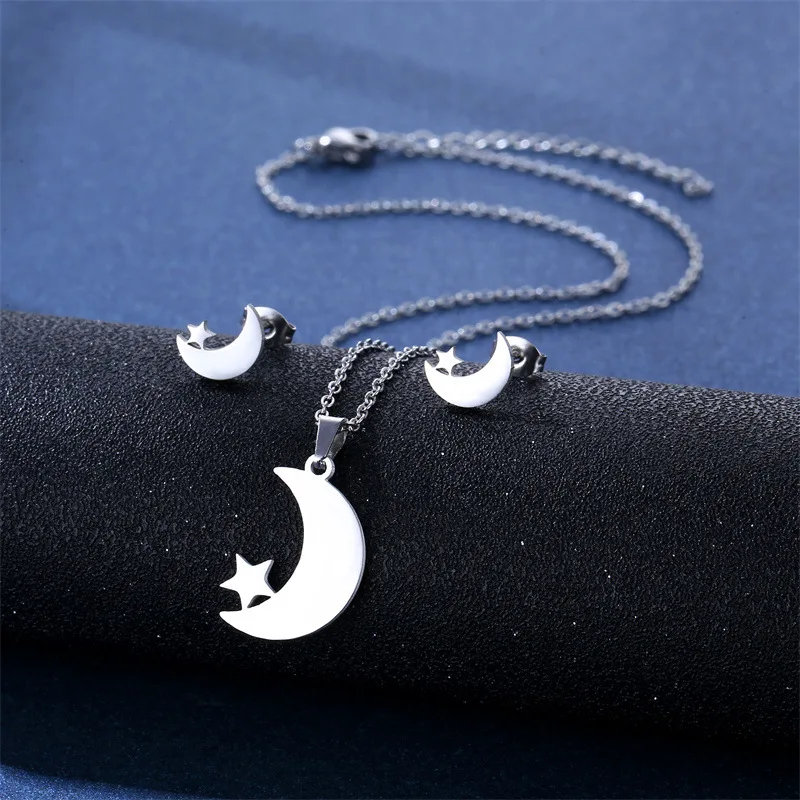 Stainless steel star and moon necklace female South America niche design clavicle chain stud earrings set Jewelry for women men