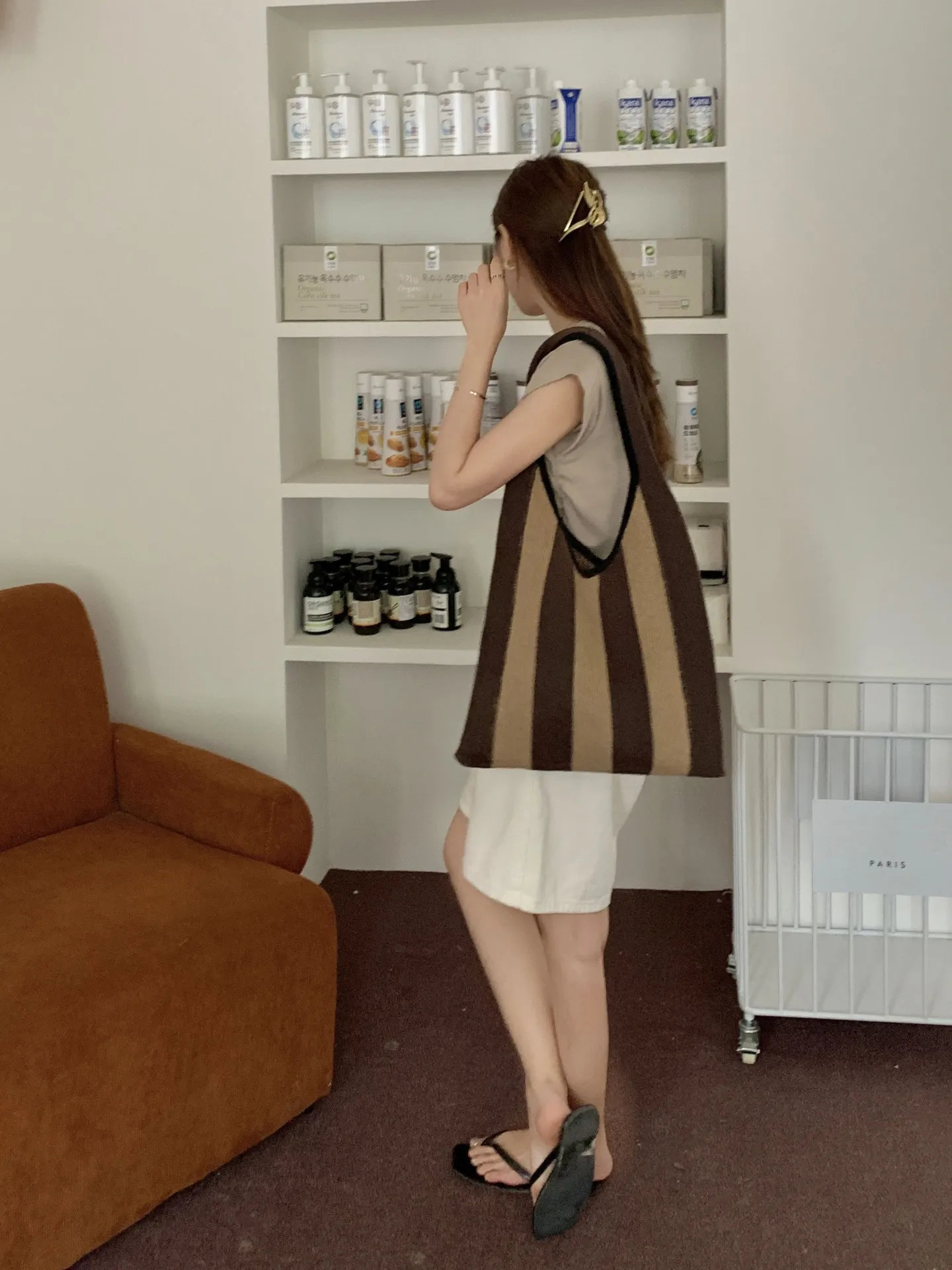 Simple Classic Stripe Pattern Knitted Woven Shoulder Bag Fashion Women Tote Lightweight Shopping Bag