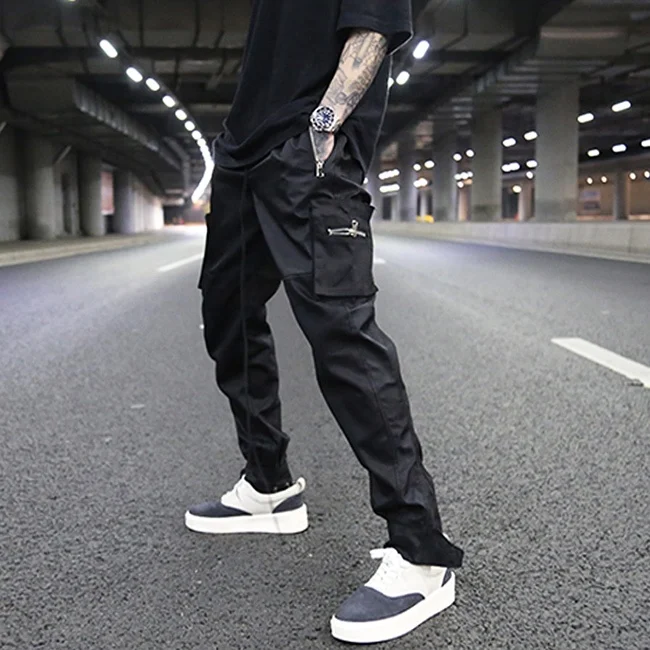 Multi zipper pockets straight stretch waist pants usa street solid color jogger pants men casual cargo pants stock dropshipping