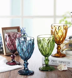 4pcs Colorful Embossed Goblet Glass Retro Red Wine Cup Household Heat-resistant Thickened Goblet European Mug For Pub