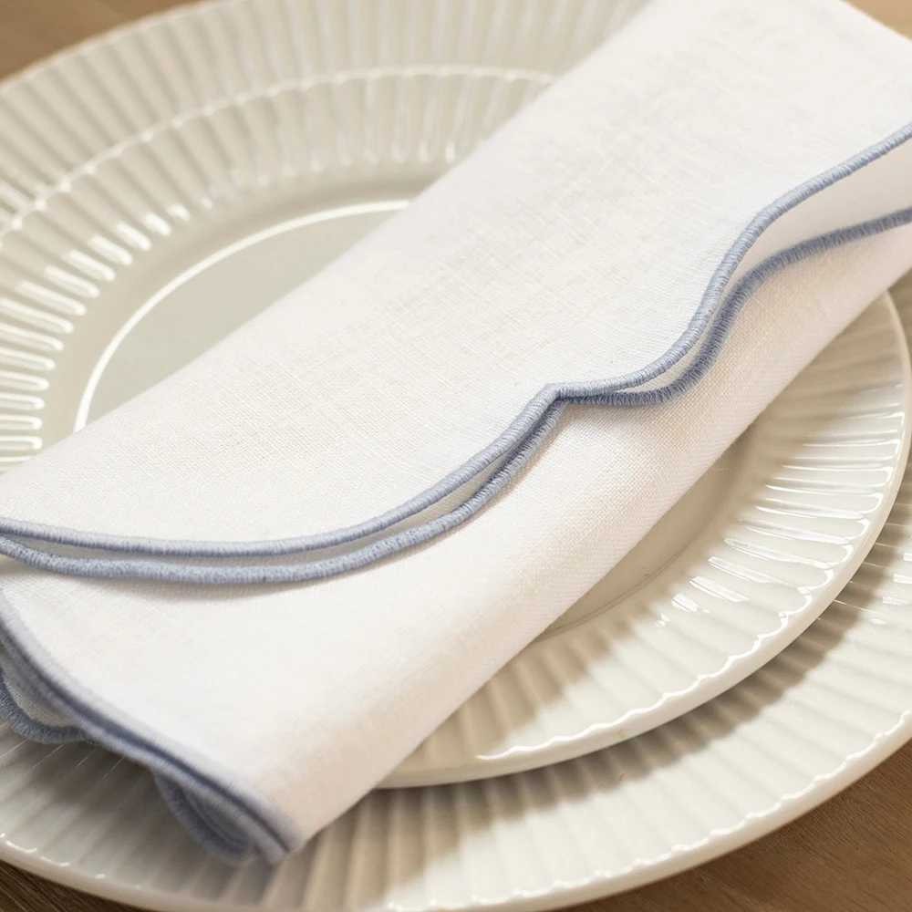 45*45cm Custom French Classic home dining table Embroidery scalloped 100% pure flax fabric Linen napkins for Wedding Hotel