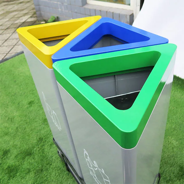 High Quality Stainless Steel Trash Can 3 Containers Metal Dustbin Commercial Garbage Waste